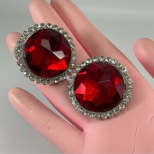 Red Acrylic Rhinestone Button Clip On’s Silver tone Vintage Earrings Statement